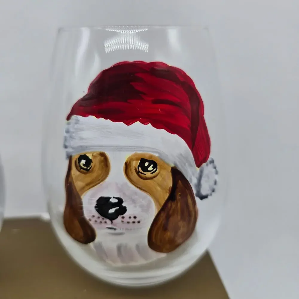 Pier 1 Hand Painted Stemless Wine Glasses Holiday Christmas Puppy Dogs Set of 4